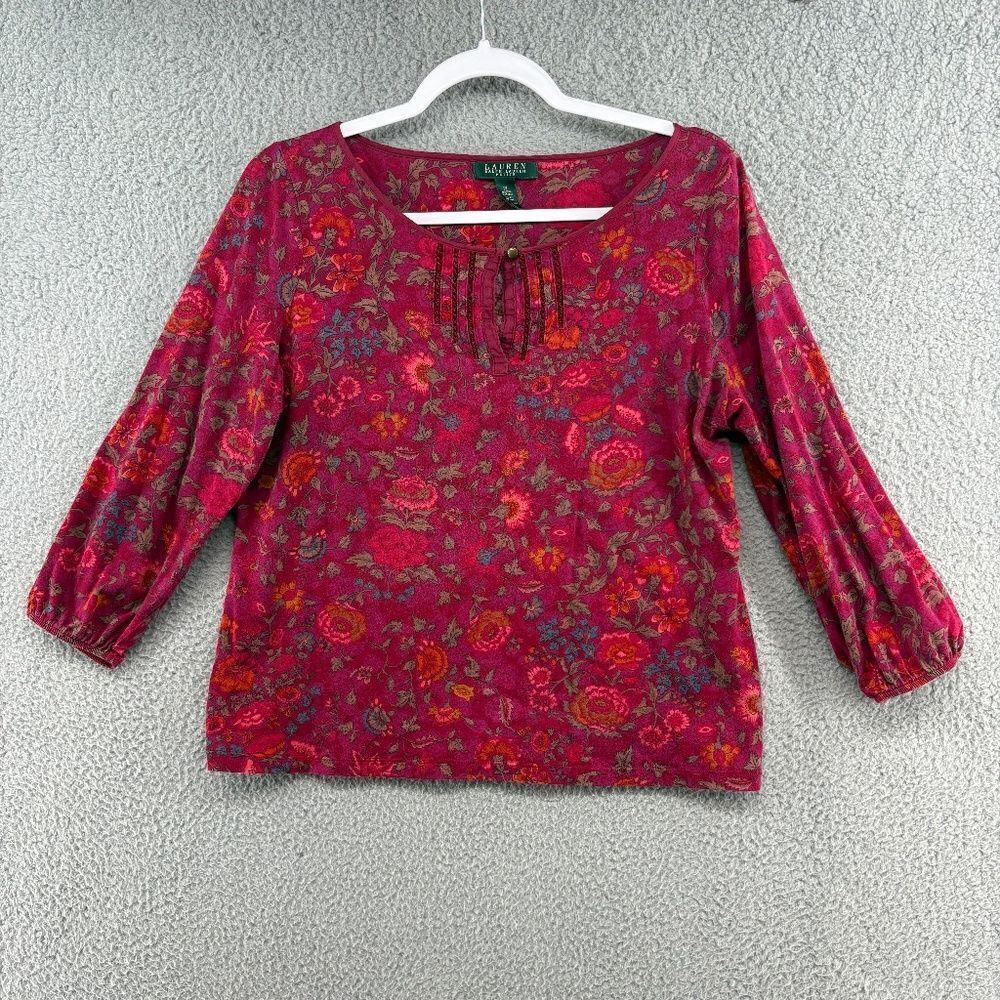Lauren Ralph Lauren Petite PL Red Floral Peasant Top Blouse 3/4 Sleeve Boho